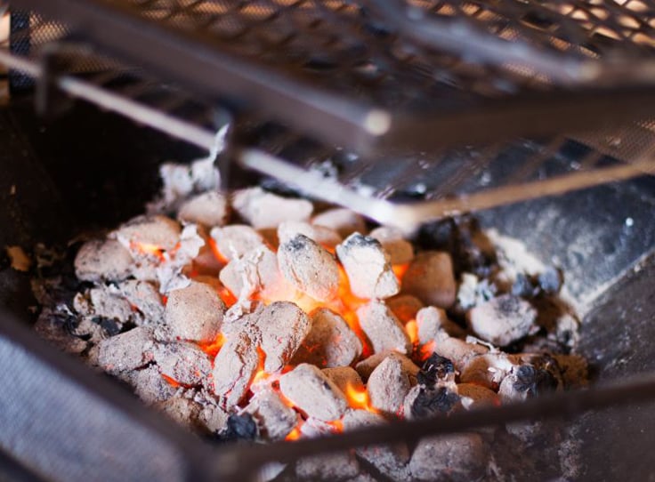 Interior of Arctic Cabin BBQ hut grill with burning coals