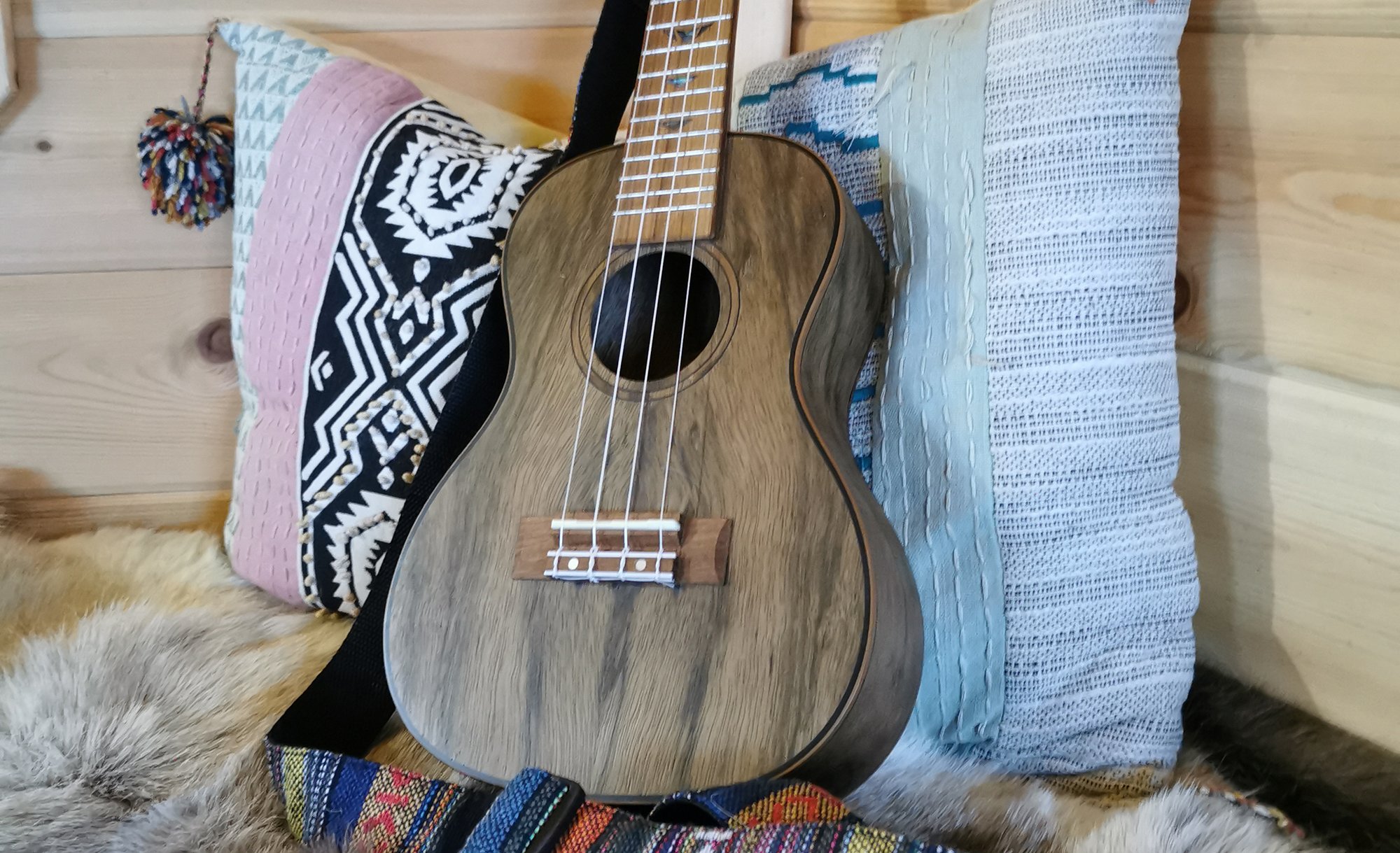 Dark wood guitar resting inside Arctic Cabin next to cushions