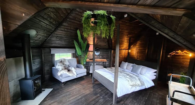 Interior of Arctic Cabins Log Cabin Bedroom with bed, tropical plants & log burner