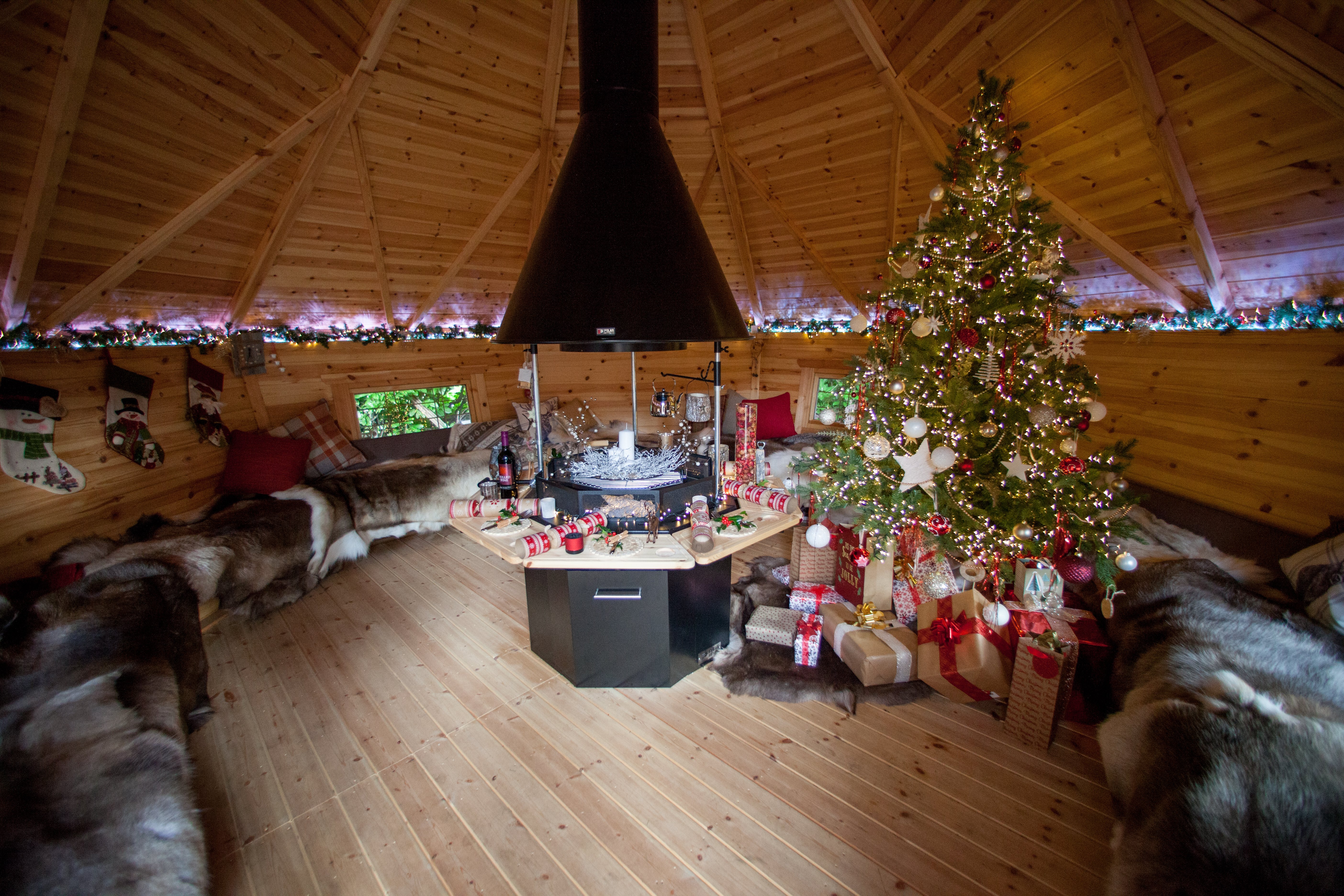 Arctic Cabins BBQ Cabins decorated for Xmas, including Xmas tree