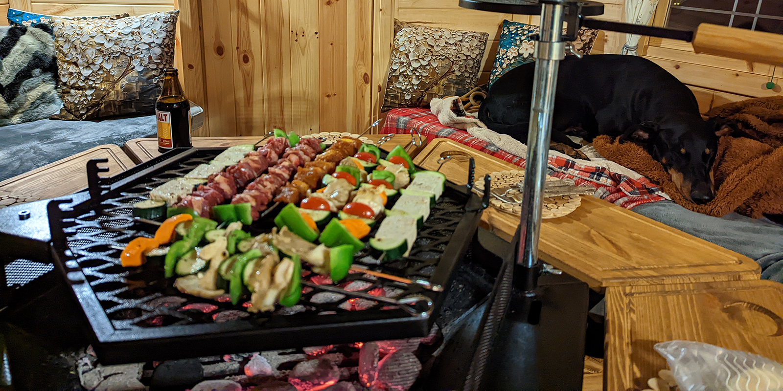 Interior of a BBQ cabin with vegan-friendly skewers cooking on BBQ with dog asleep on benches next to fire